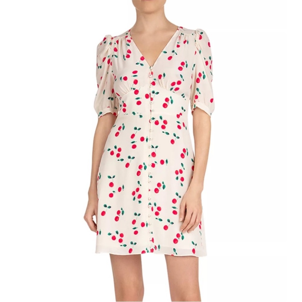 The Kooples Cream Cherry-Print Short Sleeve Dress 100% Silk Feminine Dainty